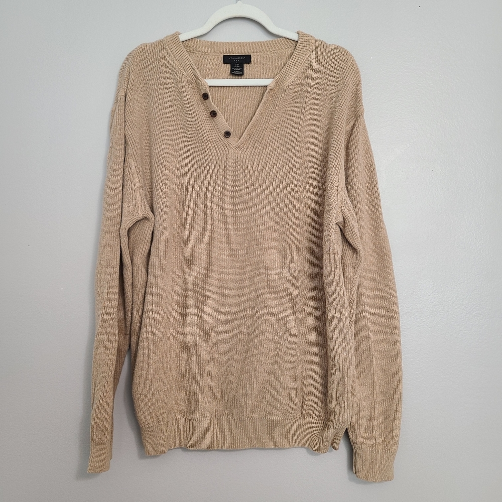 Vintage Cotton Knit Pullover V-neck Neutral Tan Minimal Casual Sweater M-XL